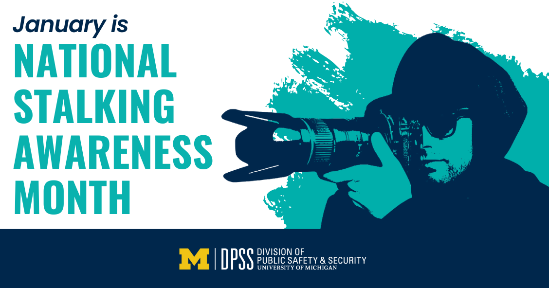 A digital graphic with a white background promoting National Stalking Awareness Month.