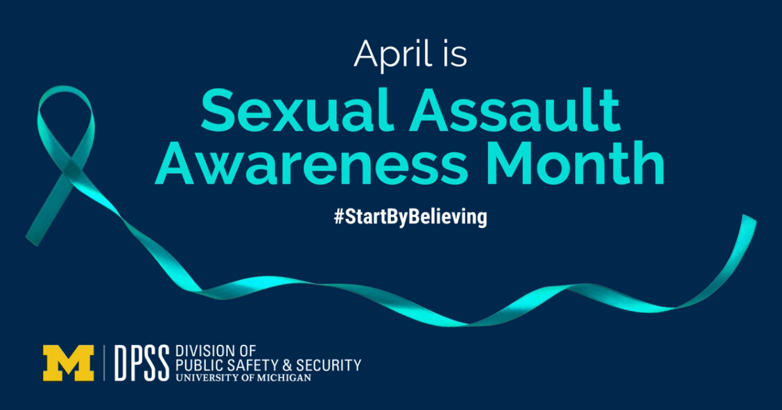 Graphic of a teal ribbon that says "April is Sexual Assault Awareness Month #StartByBelieving."