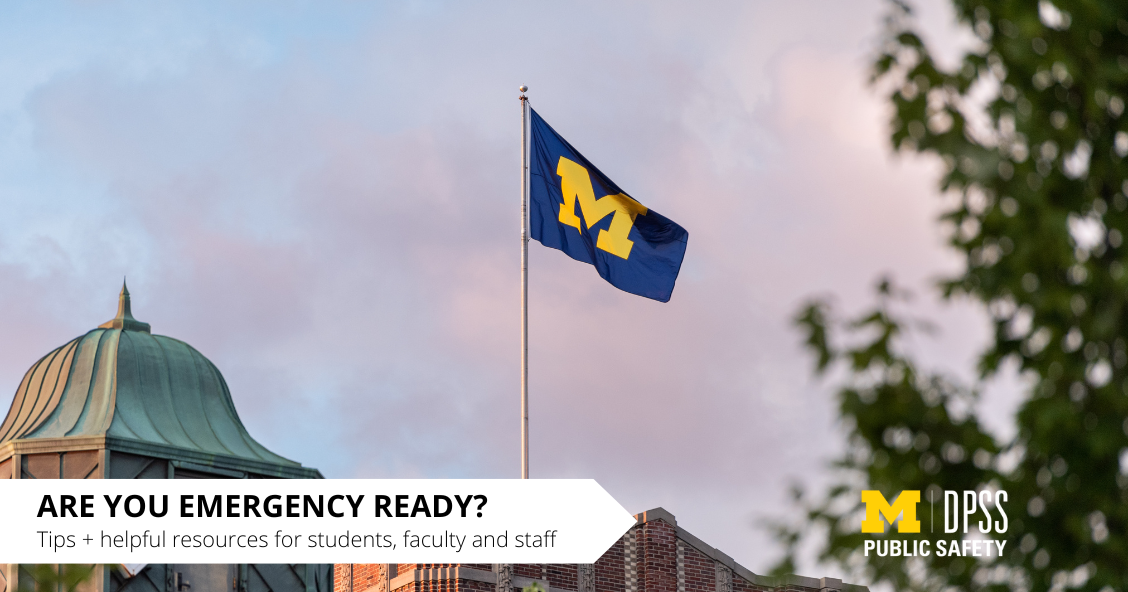 Photo of campus with "Are You Emergency Ready? Tips + helpful resources for students, faculty and staff" overlayed on top.