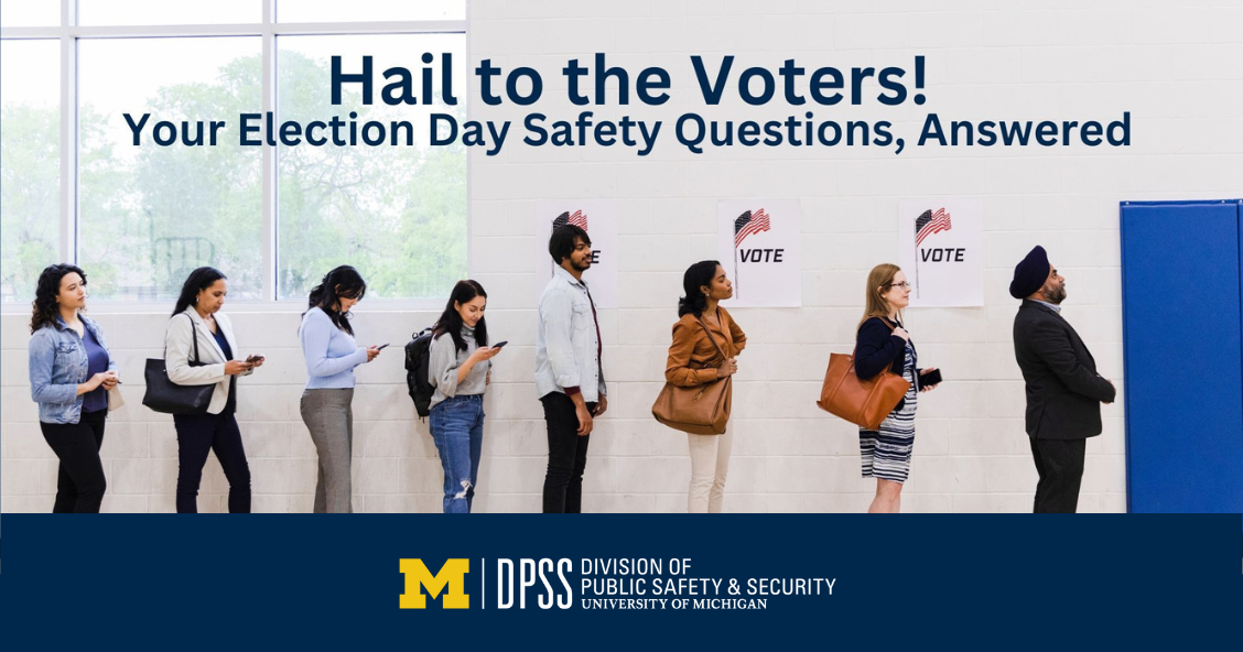 Photo of voters in line with "Hail to the Voters! Your Election Day Safety Questions, Answered" overlayed.
