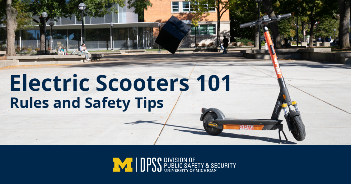 Photo of a scooter with "Electric Scooters 101 Rules and Safety Tips" overlayed on top.