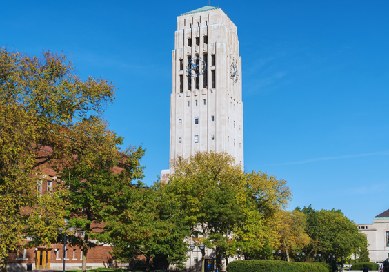 A photo of Burton tower on U-M central campus.