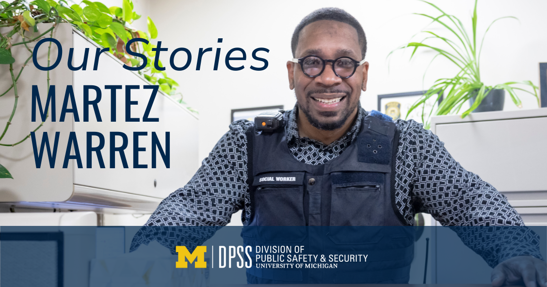 Photo of Martez Warren smiling in office. Writing says "Our Stories: Martez Warren"