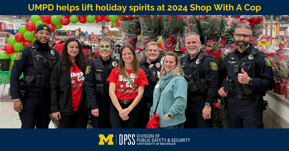 Photo of Shop With a Copy participants with "UMPD helps lift holiday spirits at 2024 Shop With a Cop" overlayed.
