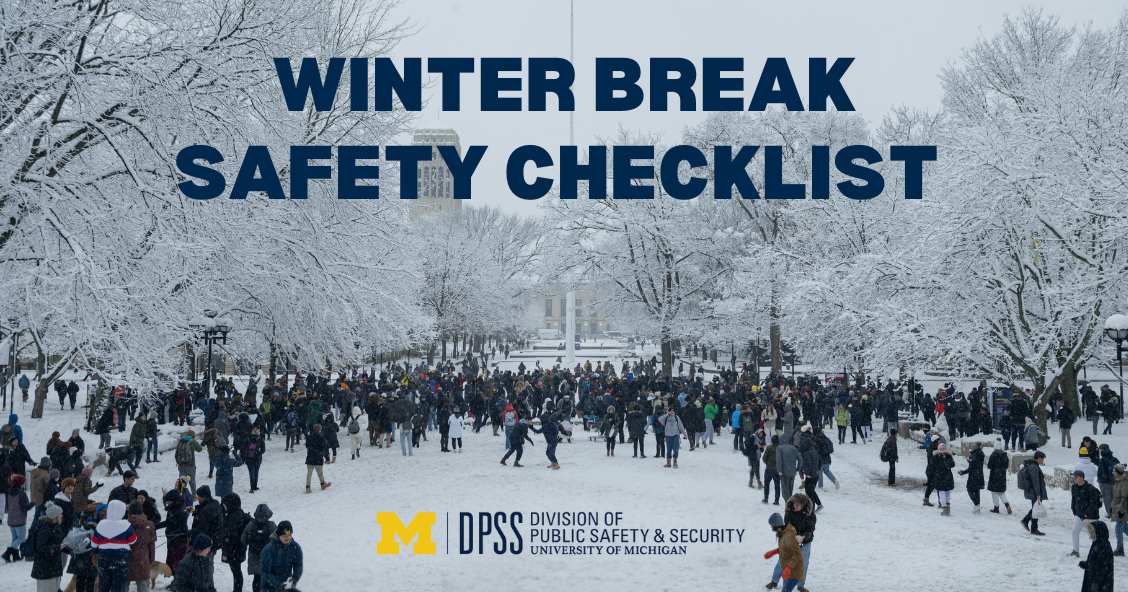 Photo of winter campus with "Winter Break Safety Checklist" overlayed on top.
